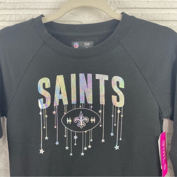 NFL Team Apparel Girls Saints Sweatshirt Black W/Iridescent Logo Tie Waist 7/8 - Picture 2 of 16